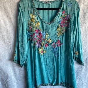 Johnny Was turquoise embroidered blouse